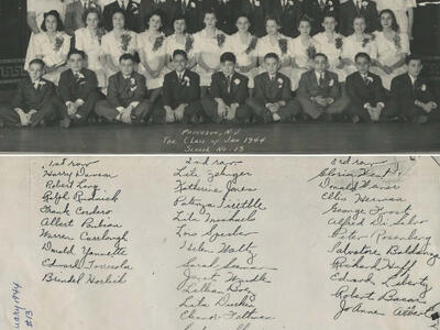 Paterson NJ School #13 Class of January 1944, Dorthea Pitz, Norma Taliabue, L Shulman, Rita Sue King, Iris Rudnick, Barbara Stern, Allan Cohn, Harry Boardman, Robert Schwarz, Arnold Stein, Marvin L. Cohen, Philip Sachs