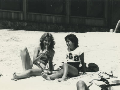 Two teen gals, beach, Northern New Jersey, summer