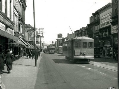 Trolley cars on Main Street 1920