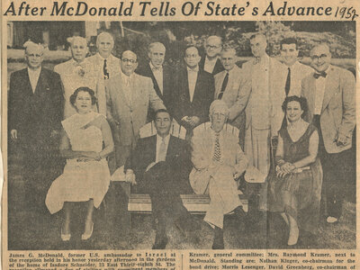 Paterson NJ, Israel Bonds Party, U.S. Ambassador James G. McDonald, 1952, Isadore Scheider, Mrs. Robert Scher, Raymond Kramer, Mrs. Raymond Kramer, Nathan Kluger, Morris Lesenger, David Greenberg, Joseph Goldberg, Paul Segal, Herman Yucht, Joseph Schulman, George Abrash, Albert Slater, Isadore Schneider, Alvin L. Goldstein