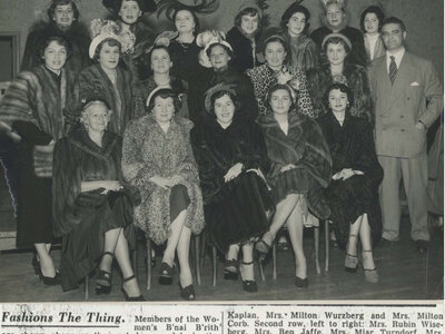 Paterson Fashion Show, Paterson New Jersey, 1949, Mrs. Argow, Mrs. Michaels, Mrs. Edwin Kaplan, Mrs. Wurzberg, Mrs. Corb, Mrs. Cord, Mrs. Wiseberg, Mrs. Ben Jaffe, Mrs. Turndorf, Mrs. Hochman, Mrs. Sandow, Mrs. Mann, Lola Roog, Milton Cord, Milton Corb, Mrs. Louis Jaffee, Mrs. Duban, Mrs. Dunkelman, Joan Gelade, Sue Klein, Mrs. Conrad Schwartz