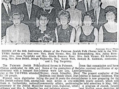 Paterson Jewish Folk Chorus, Paterson NJ, Ruth Verner, Mrs. Eli Schwartzberg, Mrs. Julius Bernstein, Anna Turgelsky, Gloria Duncan, Jack Verner, Elis Schwartzberg, Rose Bellet, Joseph Walkowitz, Sarah Wolf, Samuel Goldman, I. Tug Turgelsky, Oct 25, 1964