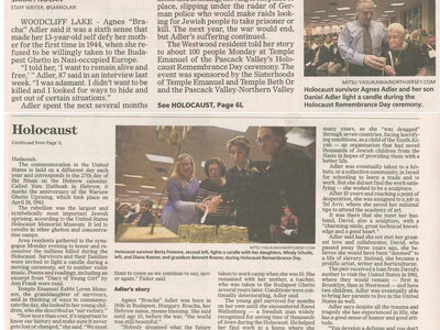 Temple Emanuel, Temple Beth Or, Pascack Valley-Northern Valley Hadassah, New Jersey, Agnes Adler survivor story of courage, Rabbi Loren Monosov, Pascack Valley Holocaust Remembrance Day, Youth Aliyah organization