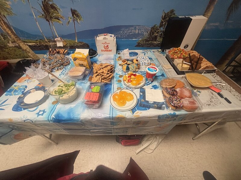 Chanukah celebration table of food Chanukah